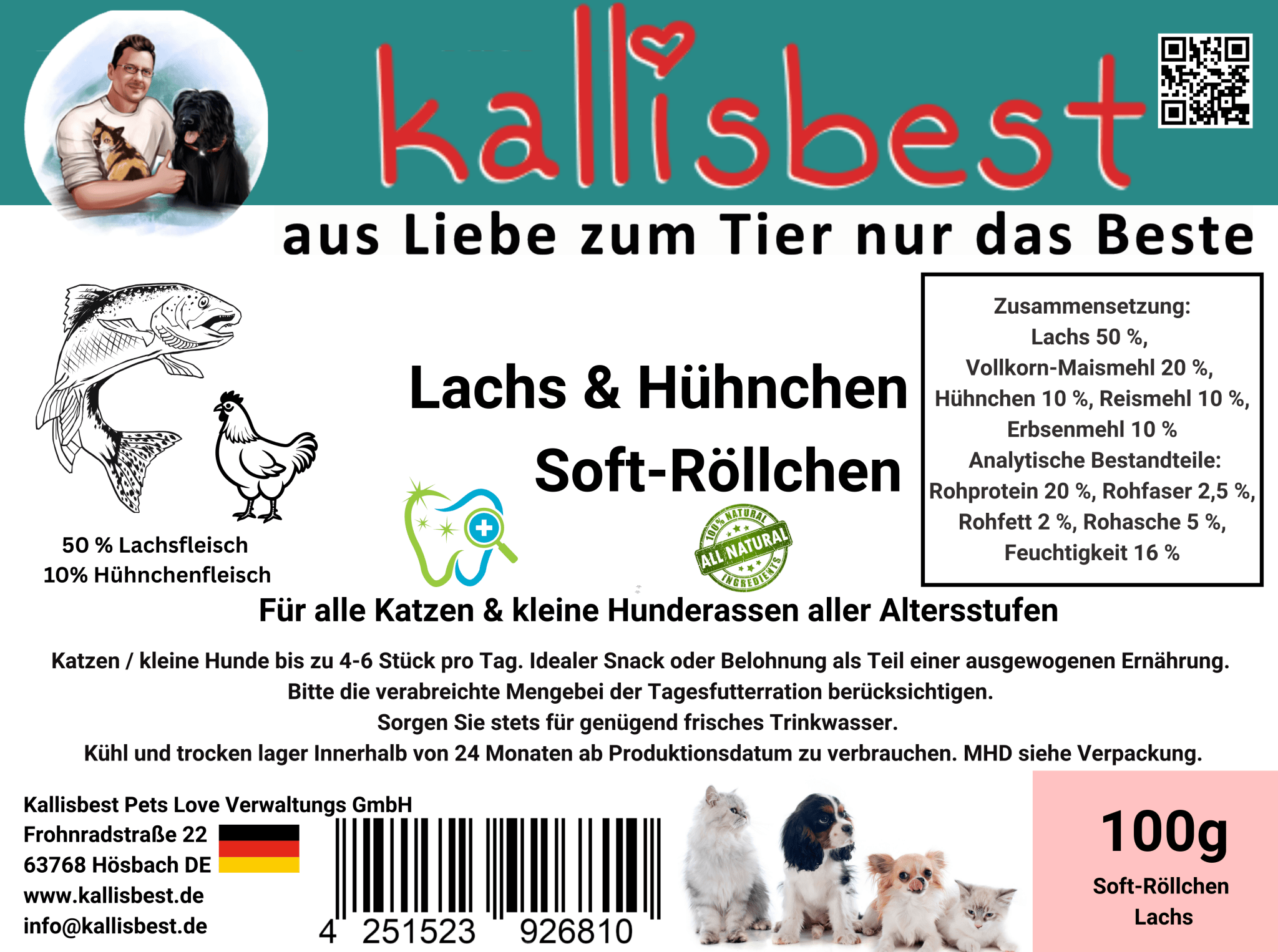 Kallisbest Lachs & Hühnchen Soft-Röllchen, 100g, appetitliche Leckerbissen für Hunde und Katzen in einer Verpackung.