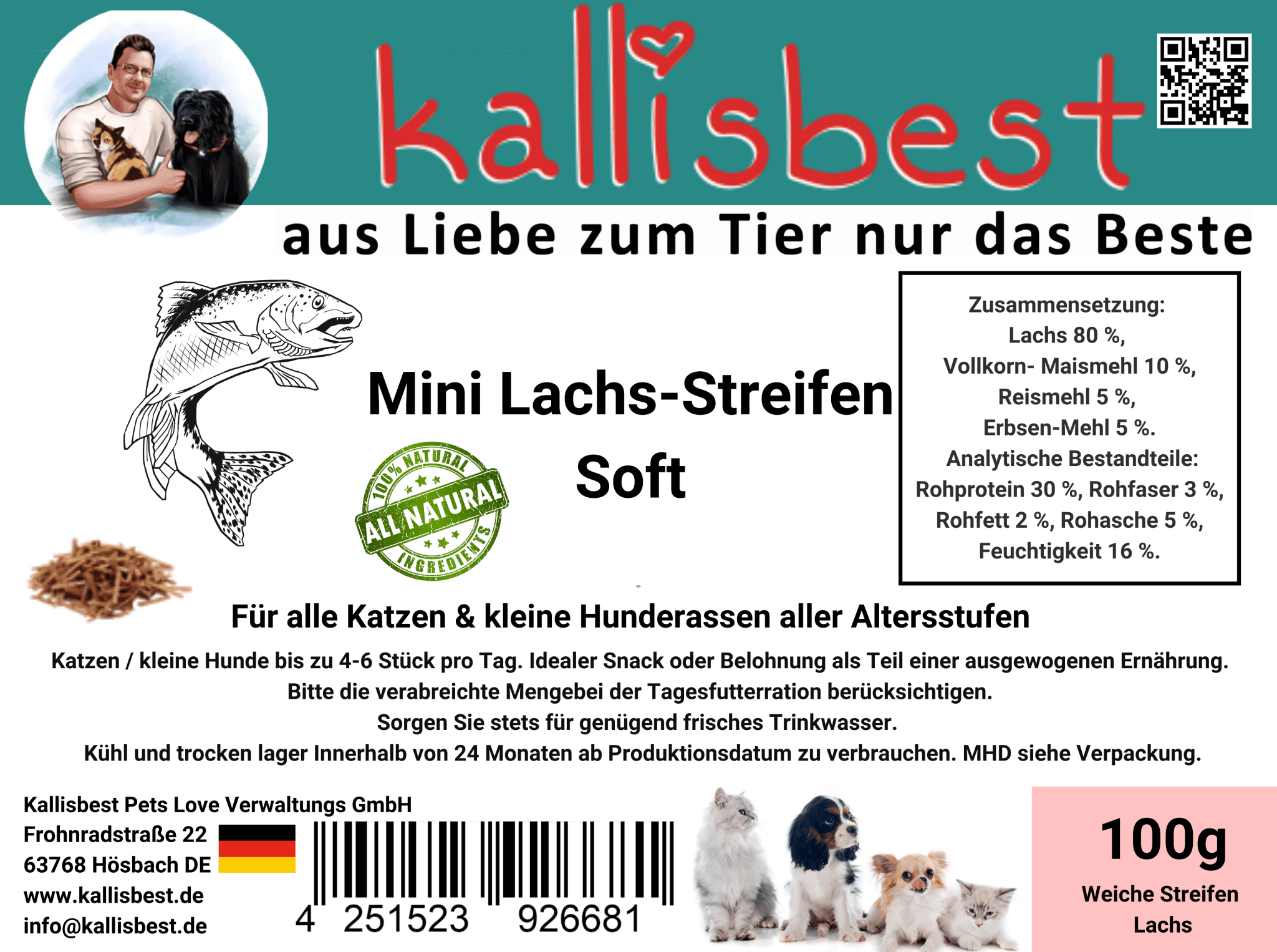 Kallisbest Neu Mini Lachs-Streifen Soft für Katzen und kleine Hunde in einer 100g Packung, appetitlich und weich.