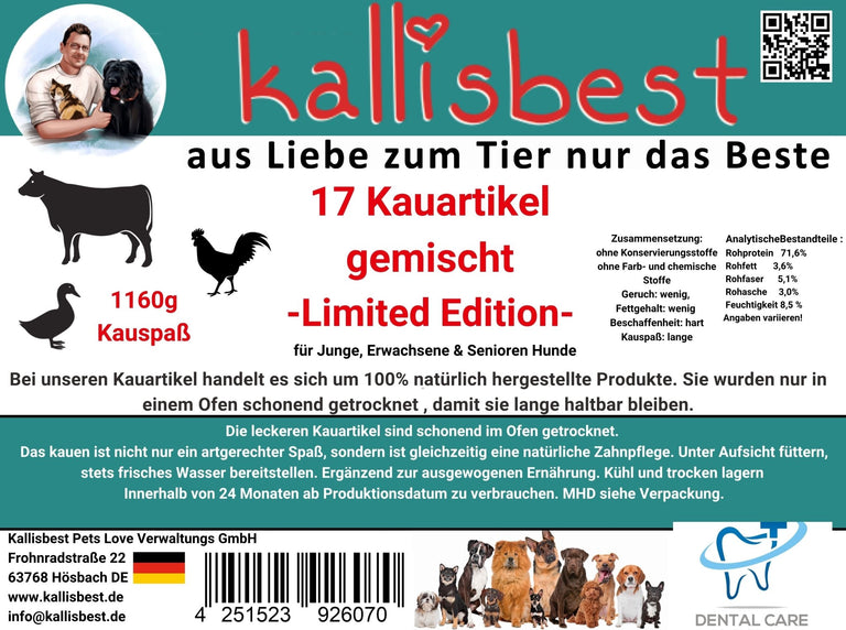 Assorted 17 limited edition chew treats for dogs of all breeds and ages from Kallisbest Neu.