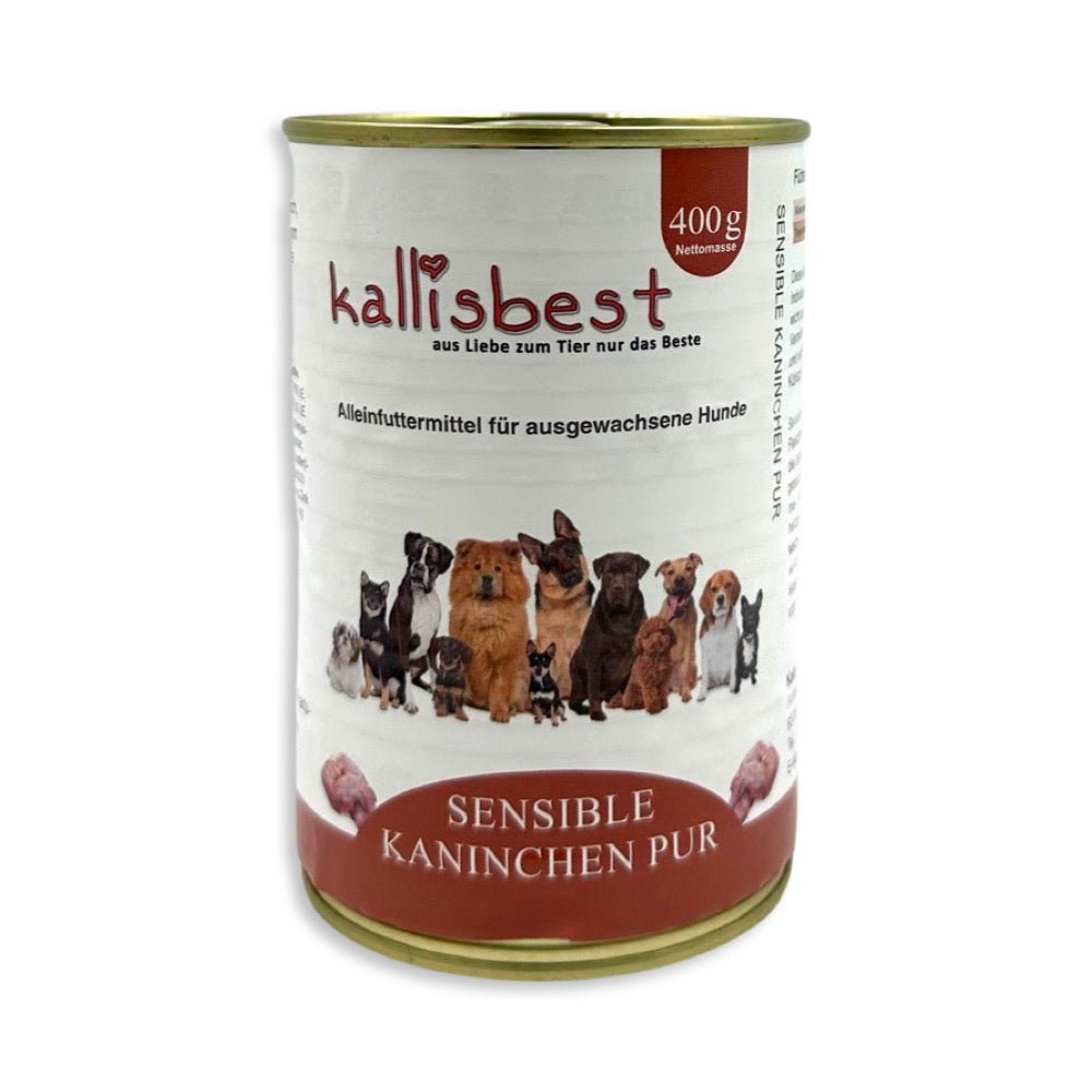 Kallisbest Kaninchenfleisch Dosen für Hunde, verschiedene Sorten, appetitlich in der Verpackung präsentiert.