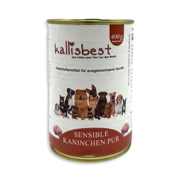 Kallisbest Kaninchenfleisch Dosen für Hunde, verschiedene Sorten, appetitlich in der Verpackung präsentiert.