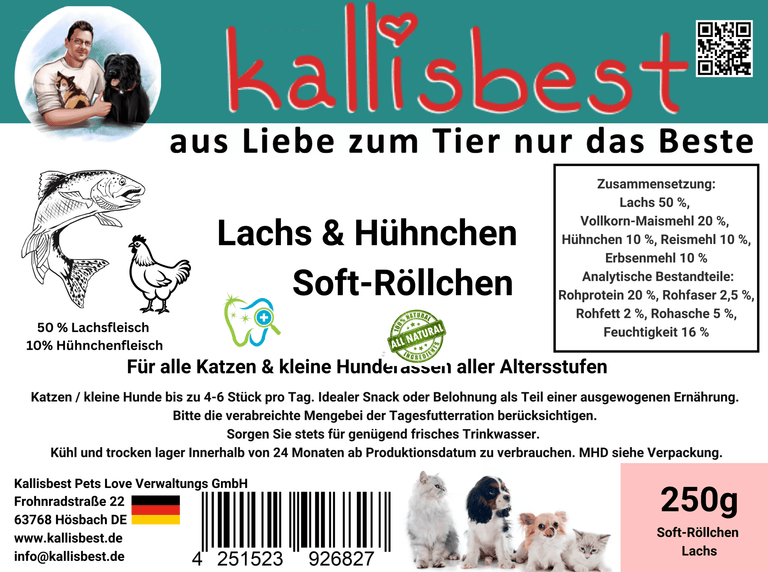 Kallisbest Lachs & Hühnchen Soft-Röllchen für Hunde und Katzen in einer 250g Verpackung.
