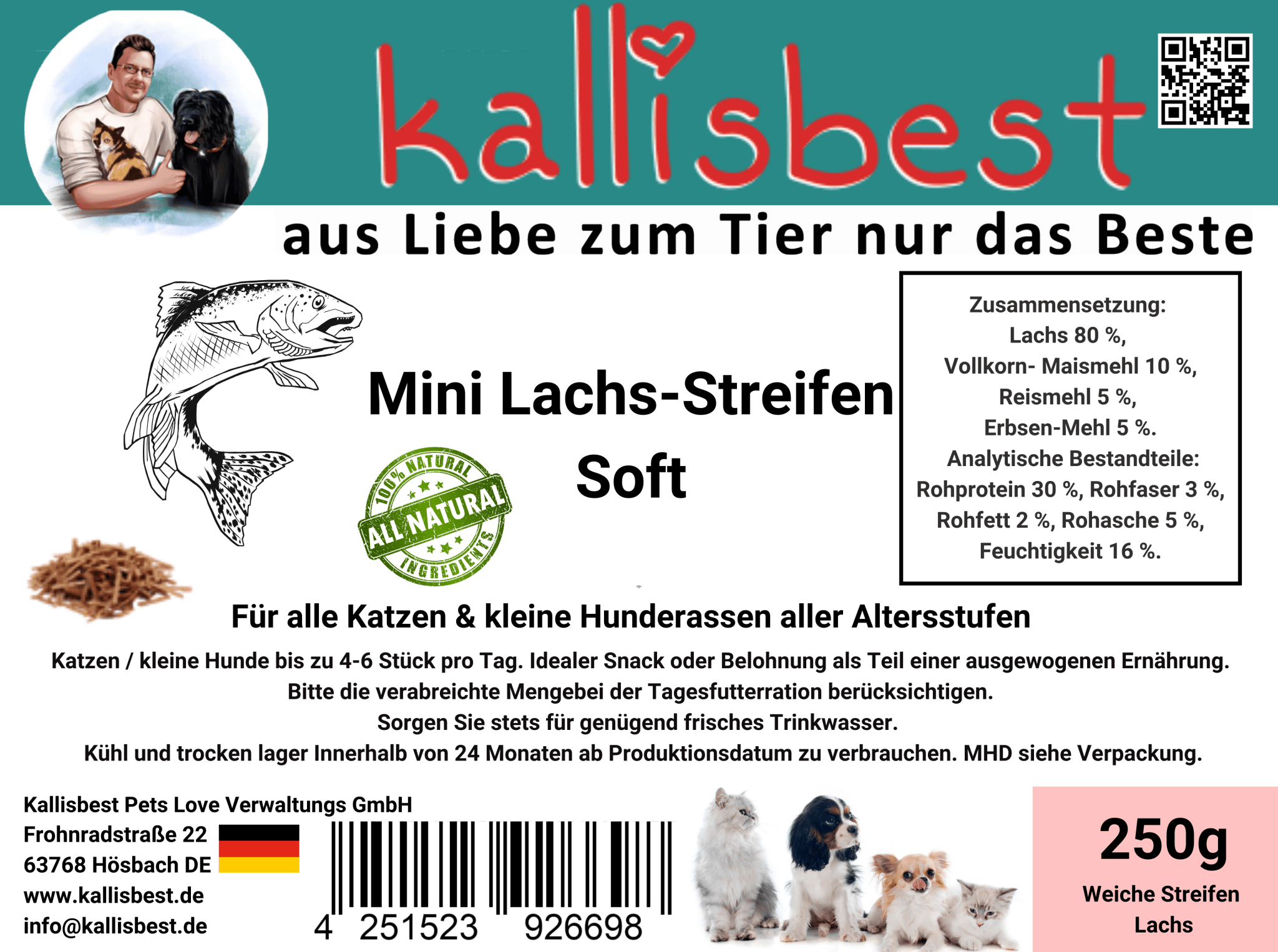 Kallisbest Neu Mini Lachs-Streifen Soft für Katzen und kleine Hunde in einer 250g Verpackung, appetitlich präsentiert.