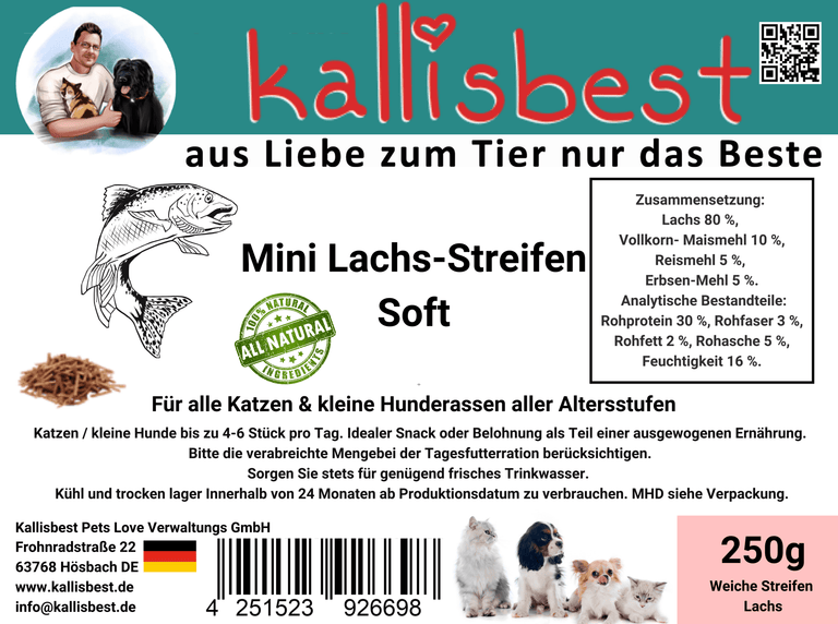 Kallisbest Neu Mini Lachs-Streifen Soft für Katzen und kleine Hunde in einer 250g Verpackung, appetitlich präsentiert.