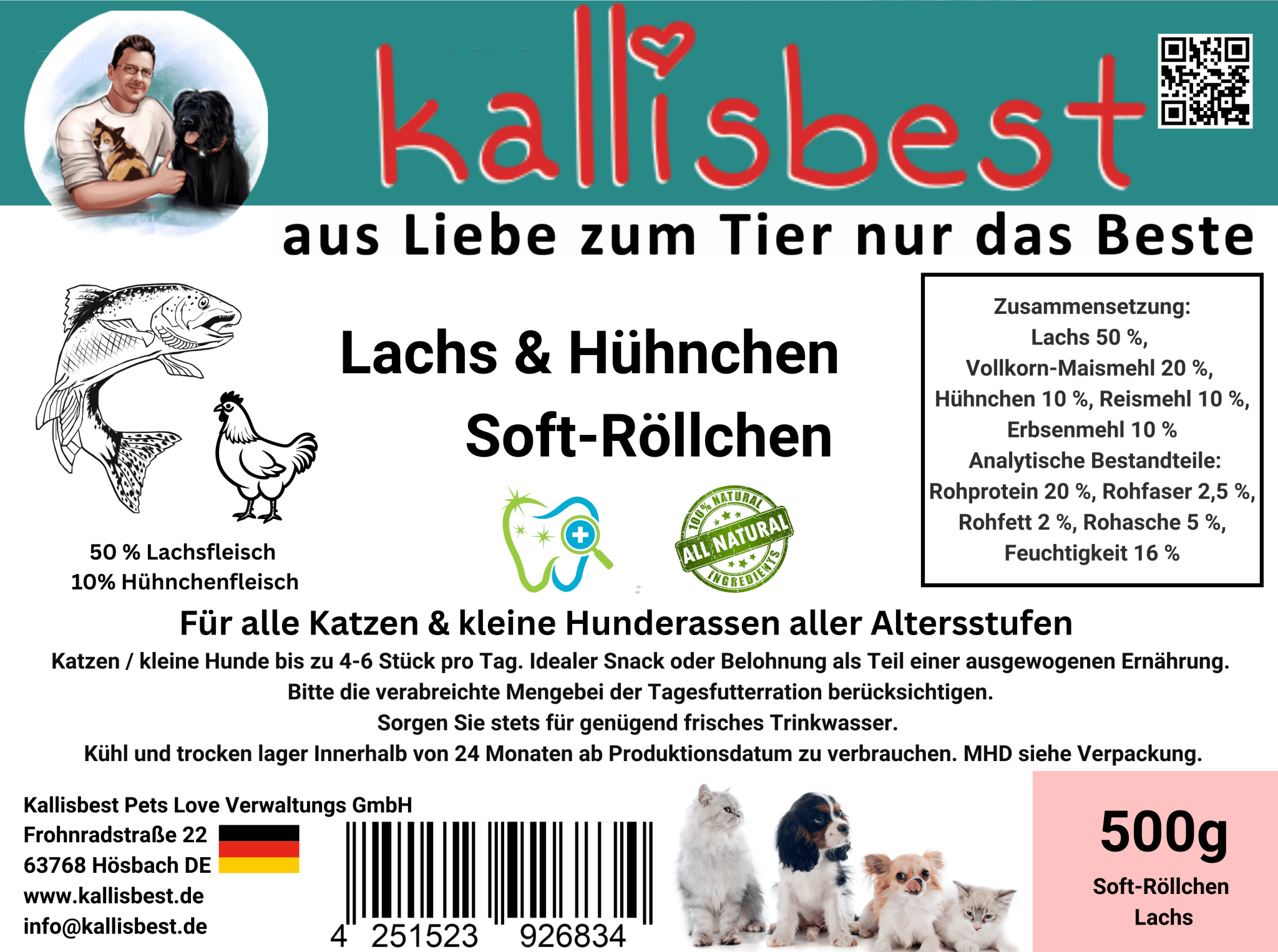 Lachs & Hühnchen Soft-Röllchen für Hunde und Katzen von Kallisbest, 500g Packung mit leckeren Fleischsnacks.