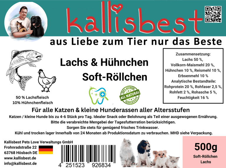 Lachs & Hühnchen Soft-Röllchen für Hunde und Katzen von Kallisbest, 500g Packung mit leckeren Fleischsnacks.