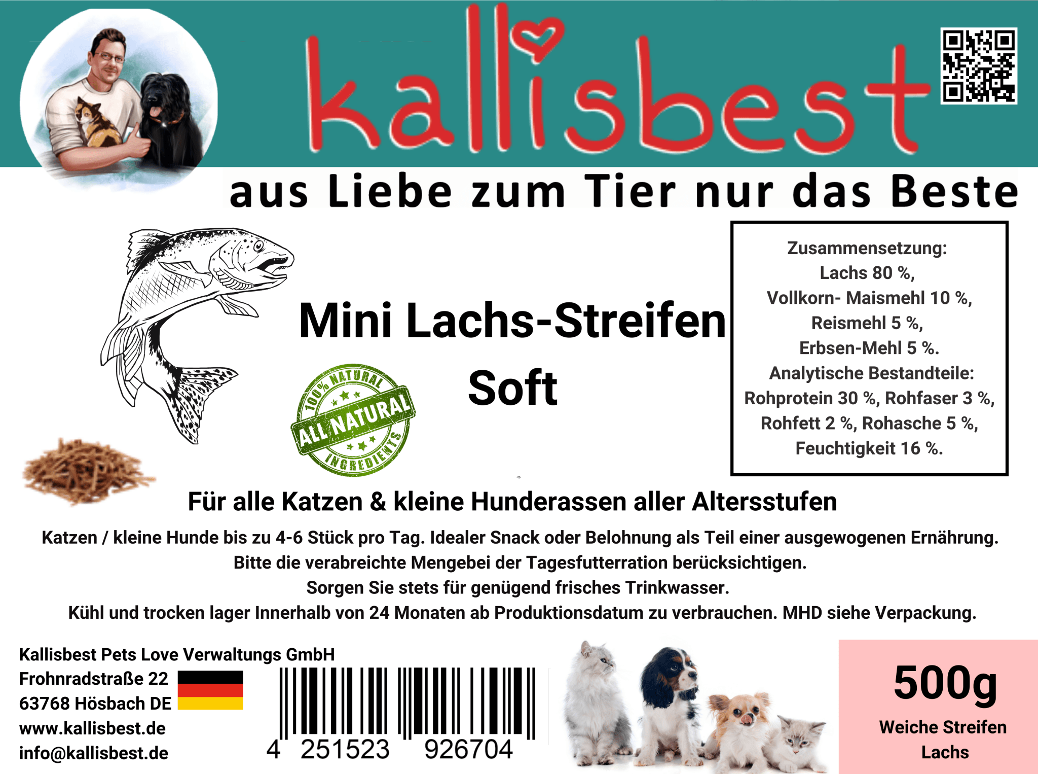 Kallisbest Neu Mini Lachs-Streifen Soft, 500g, für Katzen und kleine Hunde, in einer ansprechenden Verpackung.