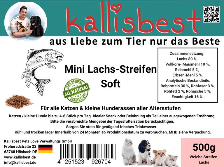 Kallisbest Neu Mini Lachs-Streifen Soft, 500g, für Katzen und kleine Hunde, in einer ansprechenden Verpackung.