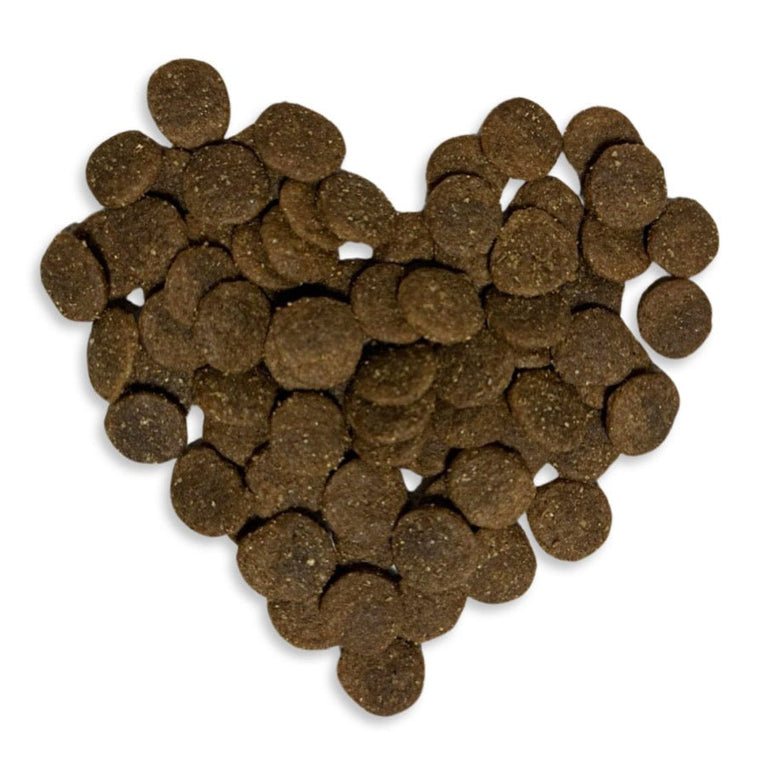 Rind mit Kartoffel mittlere Kroketten von kallisbest, Trockenfutter für Hunde, in einer Schüssel mit Hundefutter.