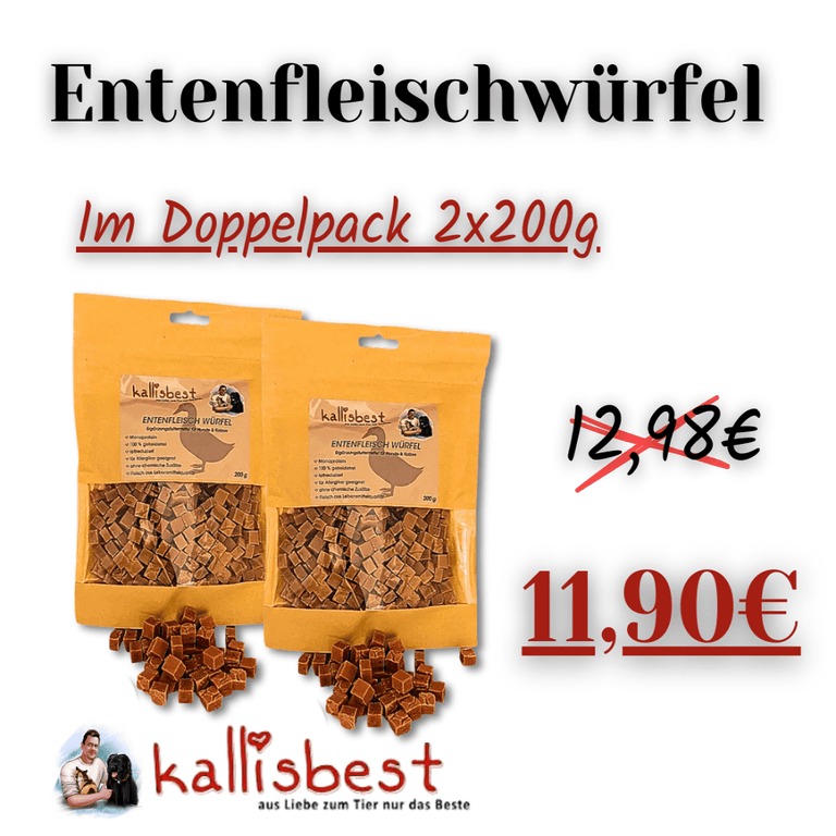 Doppelpack Kallisbest Entenfleischwürfel, getreidefreie Leckerbissen für Hunde und Katzen in 200g Verpackung.