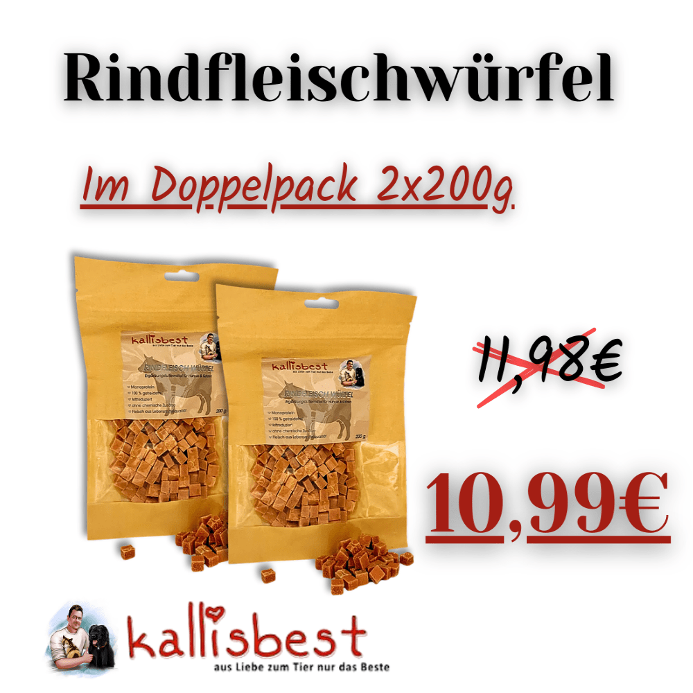 Doppelpack Rindfleischwürfel von Kallisbest Neu, getreidefrei, für Hunde und Katzen aller Rassen und Altersstufen.
