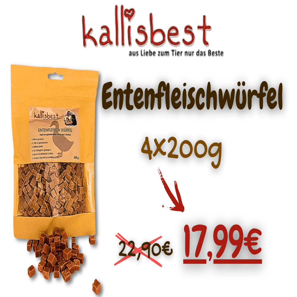 Entenfleischwürfel von Kallisbest in 200g Packung, getreidefrei, für Hunde und Katzen, appetitliche Leckerbissen.