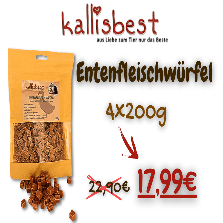 Entenfleischwürfel von Kallisbest in 200g Packung, getreidefrei, für Hunde und Katzen, appetitliche Leckerbissen.