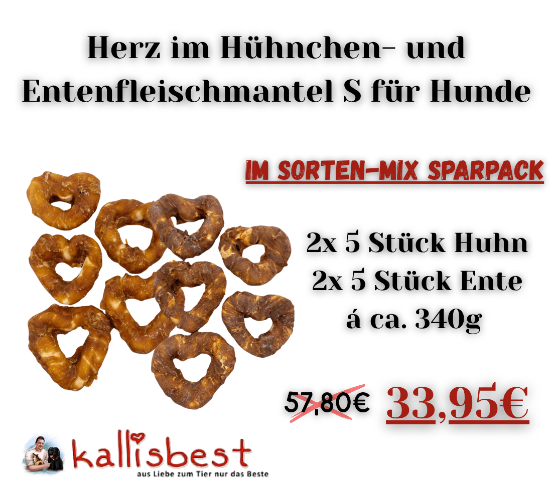 Kallisbest dog supplement featuring heart-shaped chicken and duck meat wraps, assorted mix in a pack of 20 pieces.