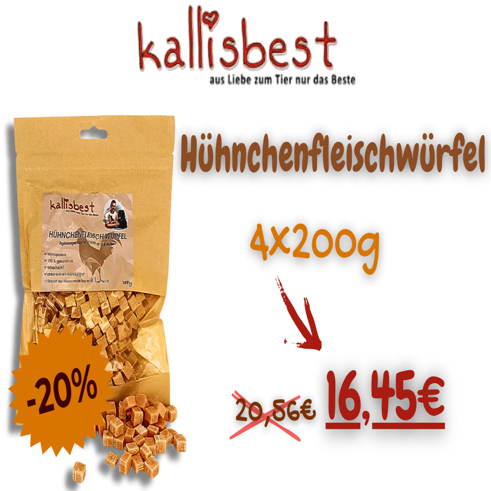 Hühnchenfleischwürfel von Kallisbest Neu, getreidefreie Leckerbissen für Hunde und Katzen in 200g Verpackung.