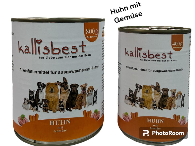 Huhn mit Gemüse Nassfutter für Hunde von kallisbest in einer Schale, mit saftigem Huhn und frischem Gemüse sichtbar.