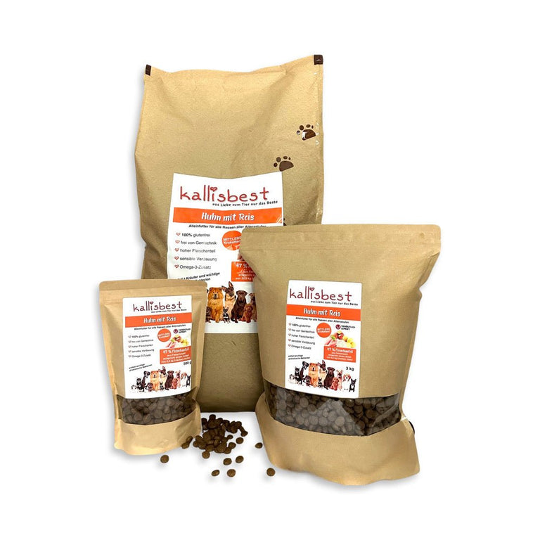 Kallisbest Huhn mit Reis Trockenfutter für Hunde in einer Verpackung mit köstlichen Kroketten sichtbar.