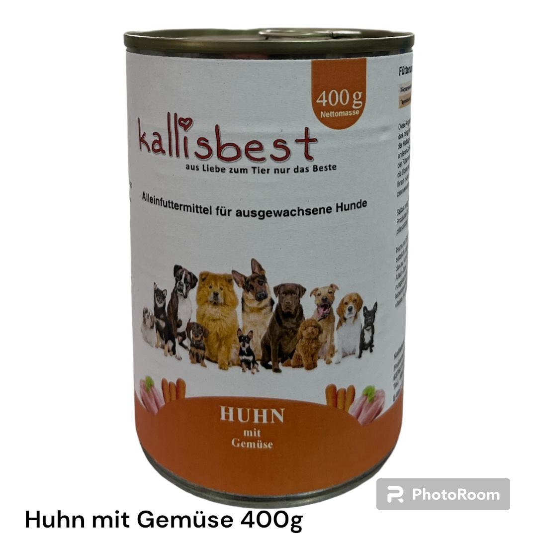 Huhn mit Gemüse Nassfutter für Hunde von kallisbest in einer 400g Dose, zeigt appetitliche Hühner- und Gemüsestücke.