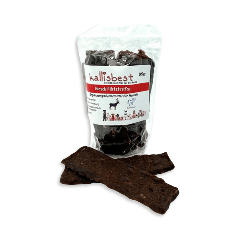Hirsch Filetstreifen 85g by kallisbest, dog treats for all breeds and ages, showcasing the product packaging and texture.