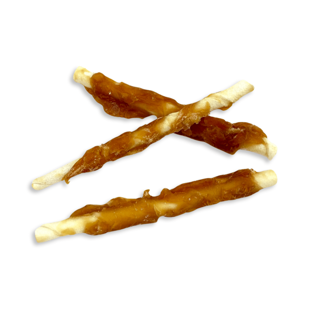 Kallisbest chicken-wrapped dog treats, approximately 12 cm, perfect for dogs of all breeds and ages.