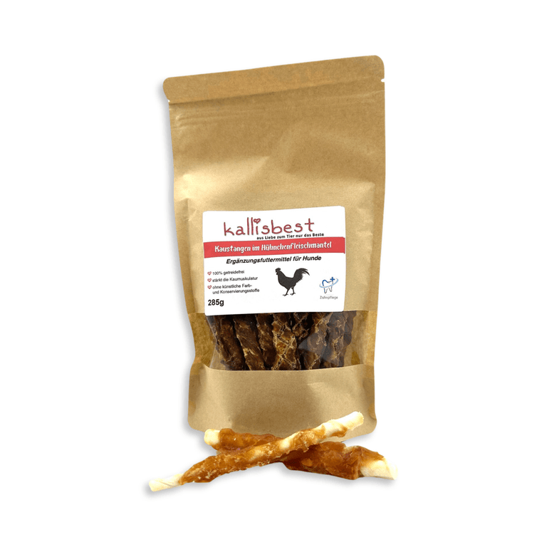 Kallisbest chicken-wrapped dog treats, approximately 12 cm, ideal for all breeds and ages, showcasing texture and color.