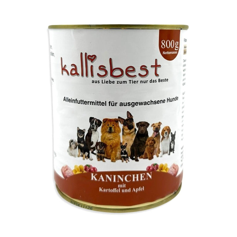 Kallisbest Kaninchenfleisch Dosen für Hunde, verschiedene Sorten, nassfutter in einer ansprechenden Verpackung.