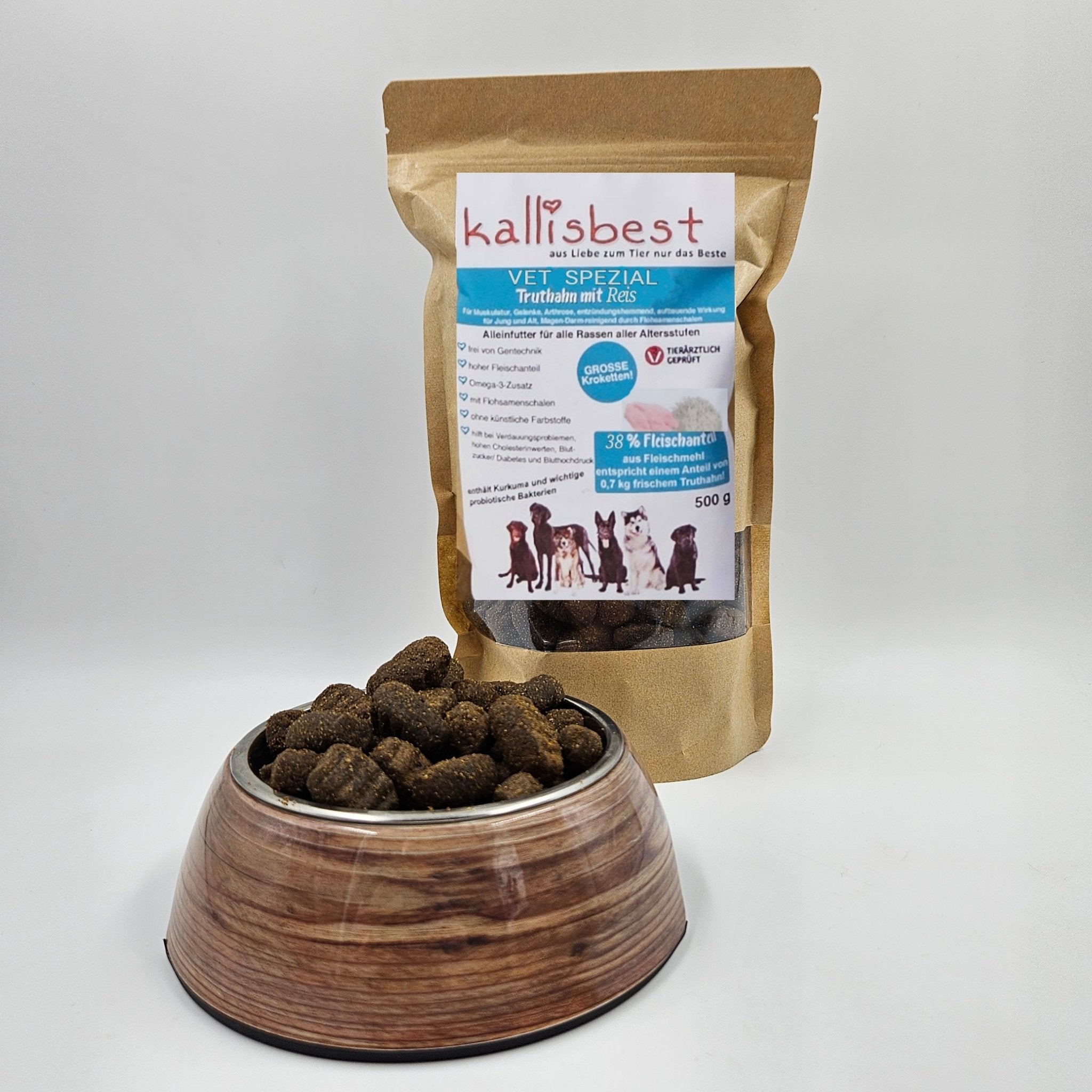 Kallisbest VET Spezial Truthahn & Reis große Kroketten für Hunde aller Rassen in einer Schüssel.