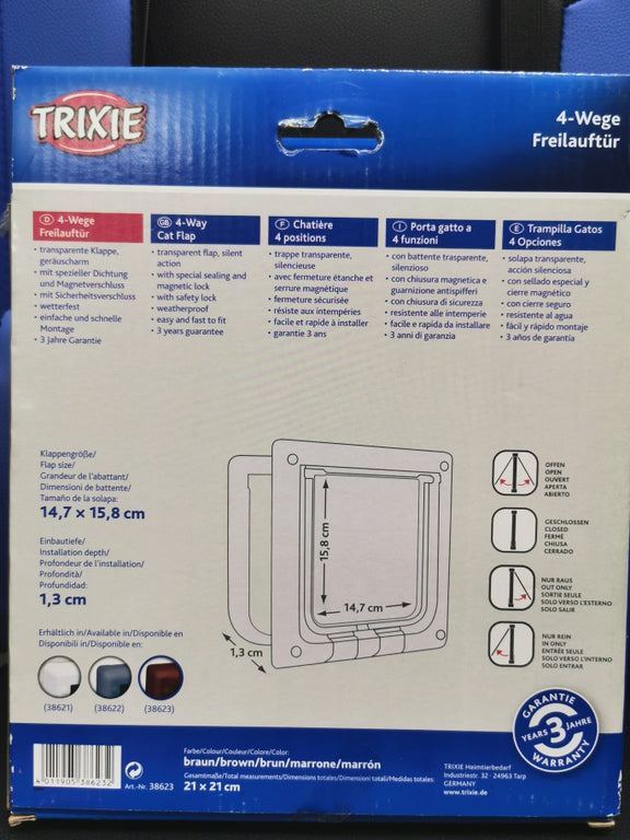Trixie 4-Wege Freilauftür braun 38623 – Verpackung Rückseite mit Maßen