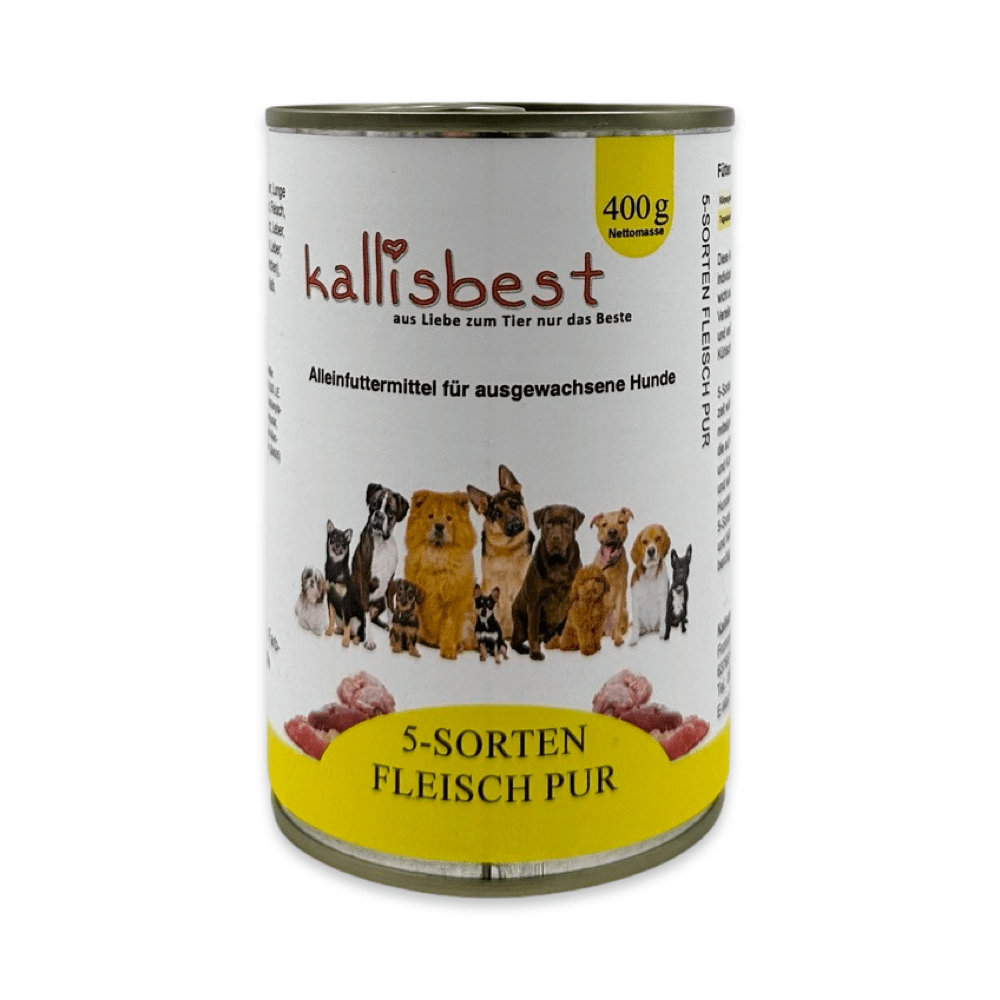 Nassfutter für Hunde von kallisbest, 5 Sorten Fleisch Pur in einer appetitlichen Schale präsentiert.