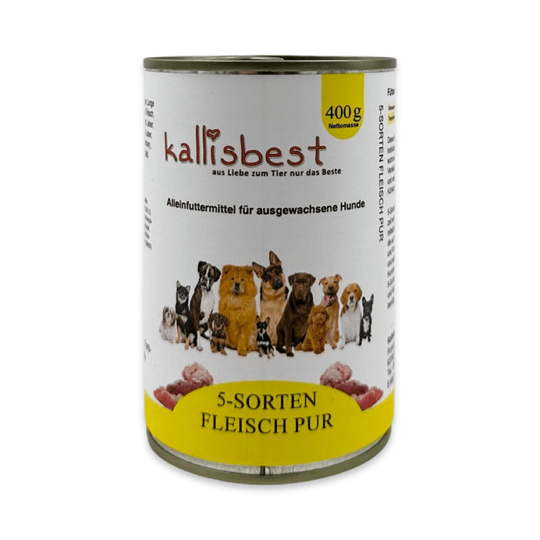 Nassfutter für Hunde von kallisbest, 5 Sorten Fleisch Pur in einer appetitlichen Schale präsentiert.