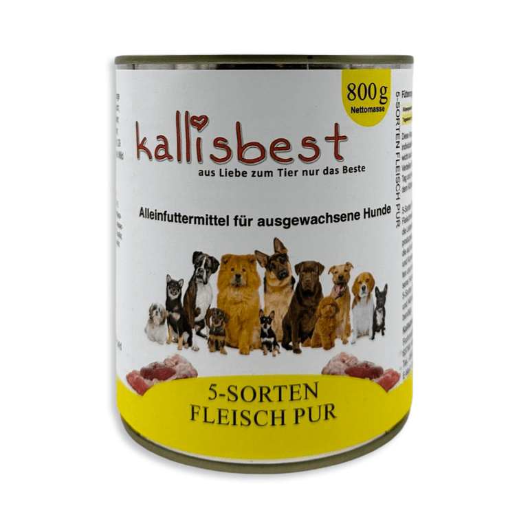 Kallisbest 5 Sorten Fleisch Pur dog wet food in a can, showcasing various meat types for a nutritious meal.