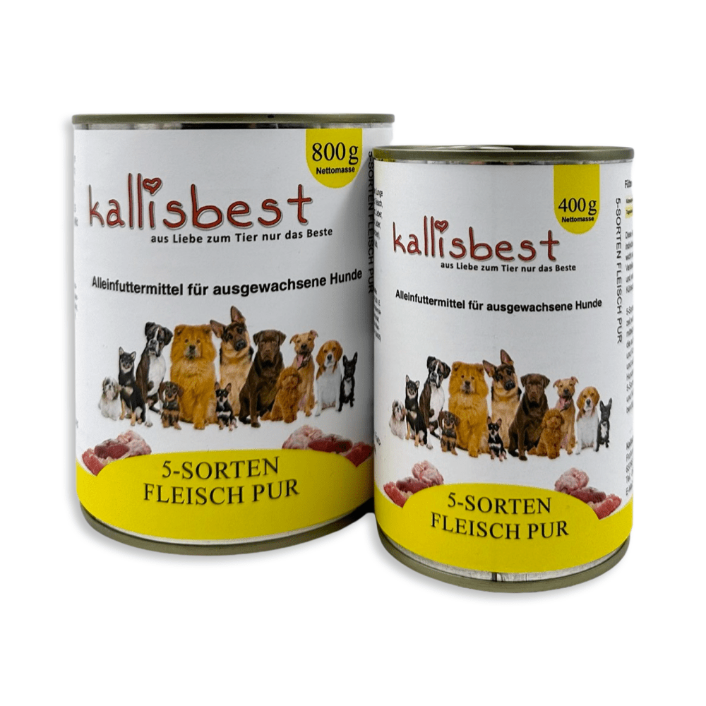 Kallisbest 5 Sorten Fleisch Pur dog wet food in a can featuring various meat types for nutritious canine meals.