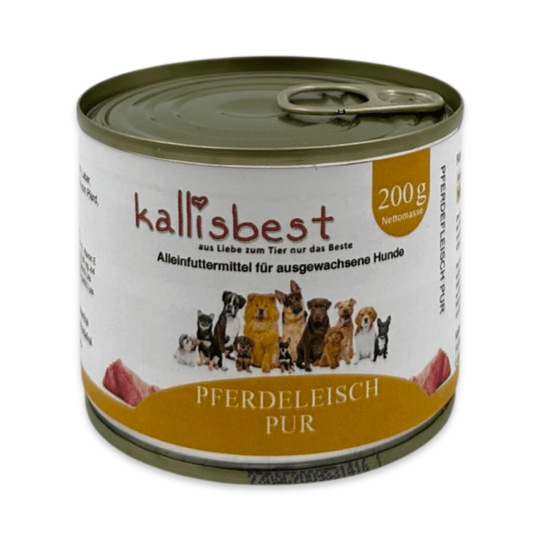 Pferdefleisch pur Nassfutter für Hunde von kallisbest in einer attraktiven Dose, ideal für die gesunde Ernährung von Hunden.