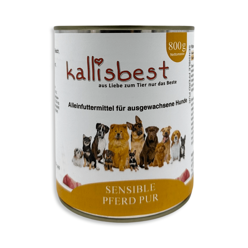 Pferdefleisch pur Nassfutter für Hunde von kallisbest in einer offenen Dose, frisches Fleisch sichtbar.