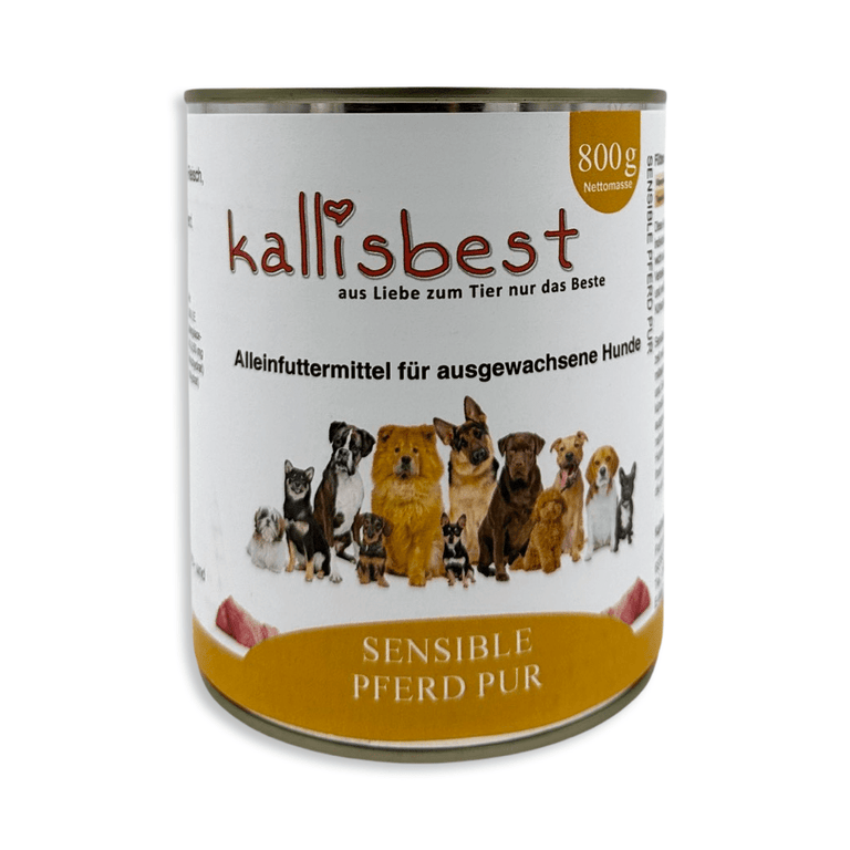 Pferdefleisch pur Nassfutter für Hunde von kallisbest in einer offenen Dose, frisches Fleisch sichtbar.