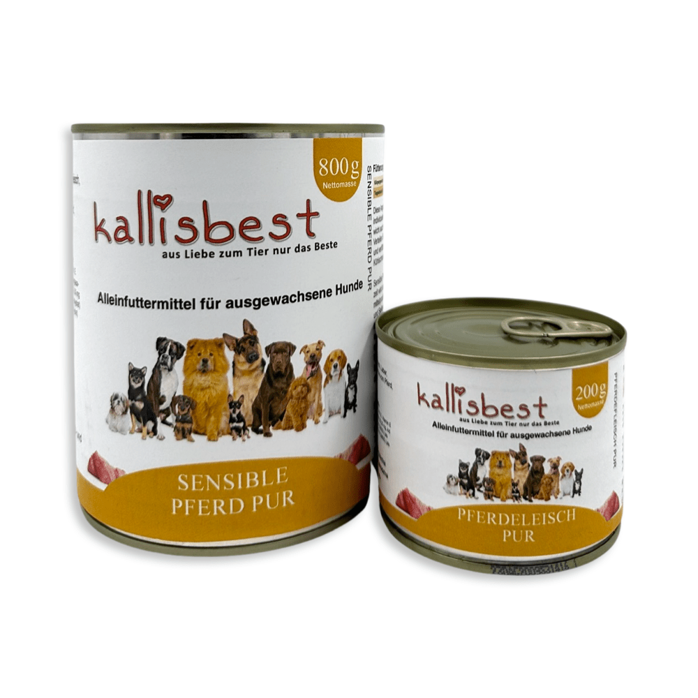 Hunde-Nassfutter von kallisbest, Pferdefleisch pur in einer offenen Dose mit saftigem Inhalt.
