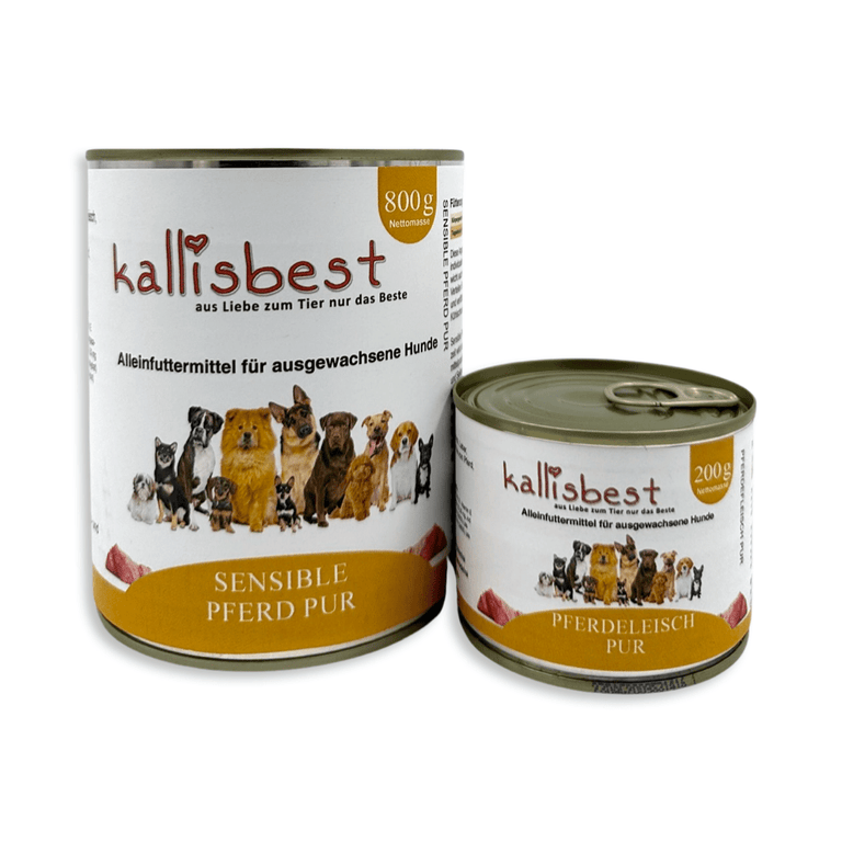 Hunde-Nassfutter von kallisbest, Pferdefleisch pur in einer offenen Dose mit saftigem Inhalt.