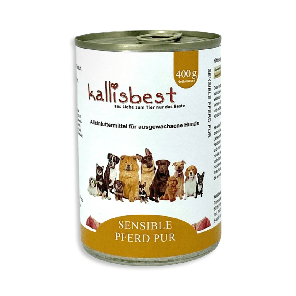 Hunde-Nassfutter von kallisbest, Pferdefleisch pur in einer geöffneten Dose, frisch und appetitlich präsentiert.