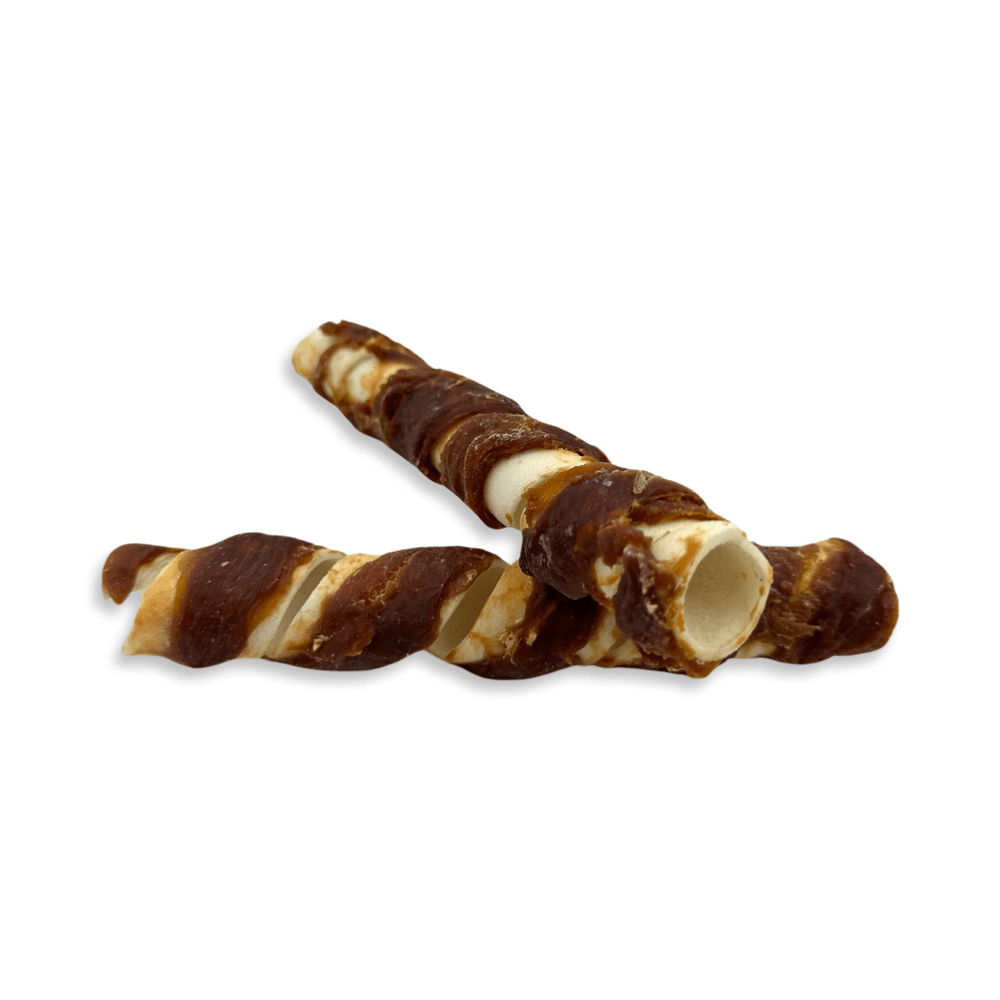 Kallisbest Neu duck meat wrapped spiral treat for dogs, approximately 15 cm, suitable for all breeds and ages.