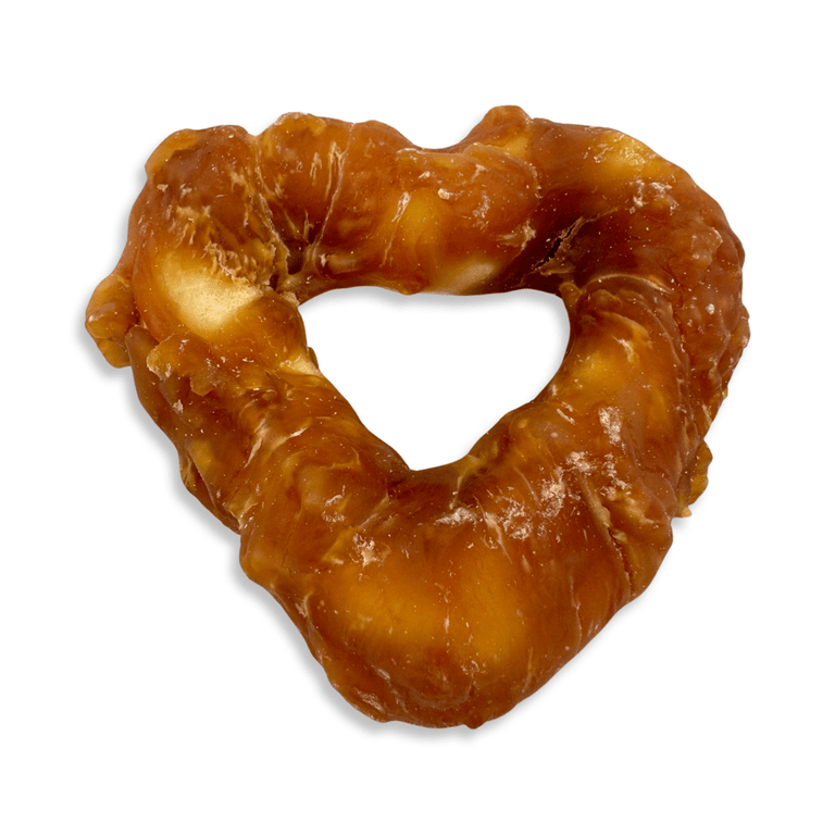Kallisbest Neu 17 mixed dog treats in chicken meat coating, ideal for all breeds and ages, displayed in a heart shape.