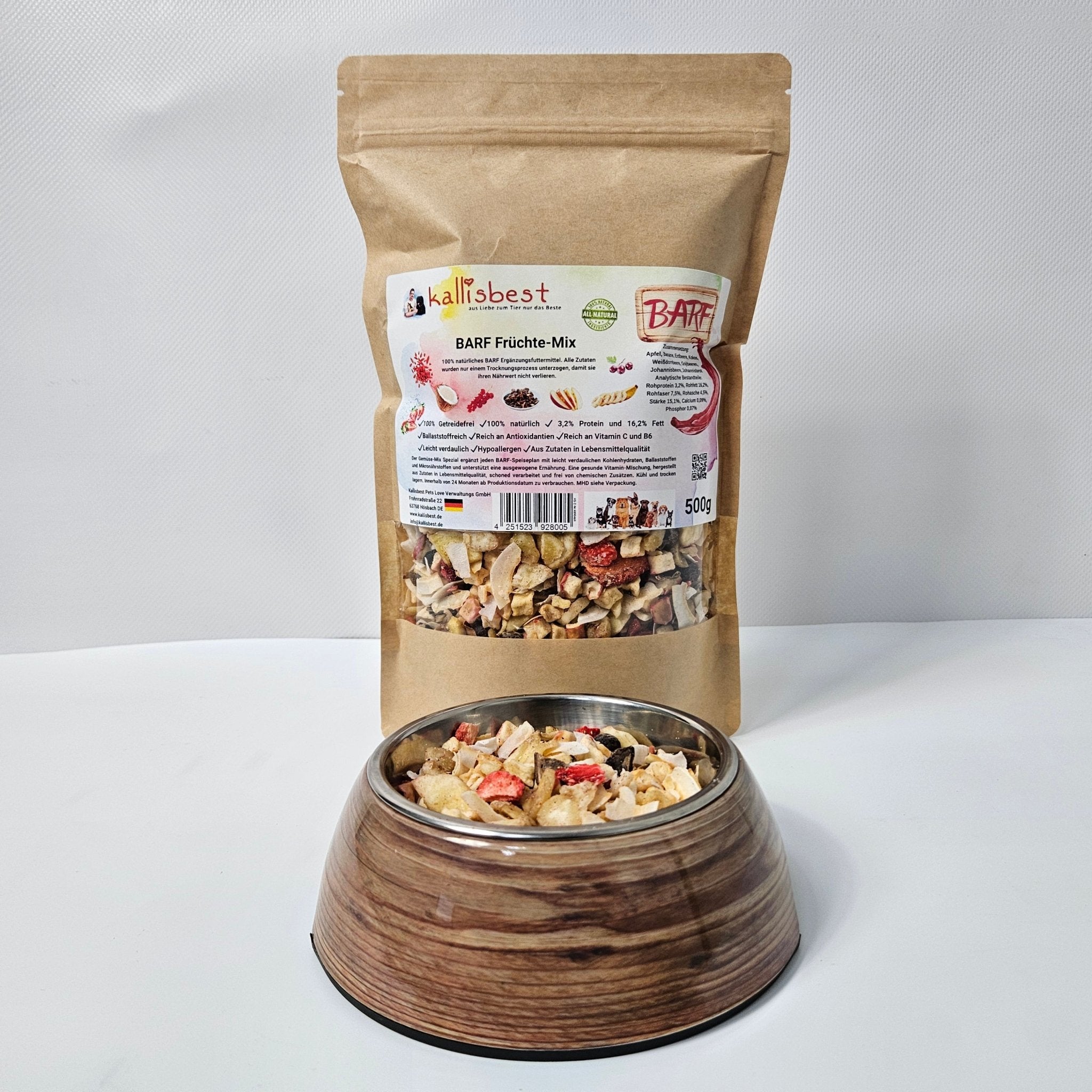 Kallisbest BARF Früchte-Mix 500g, a colorful blend of fruits for pet food supplementation.