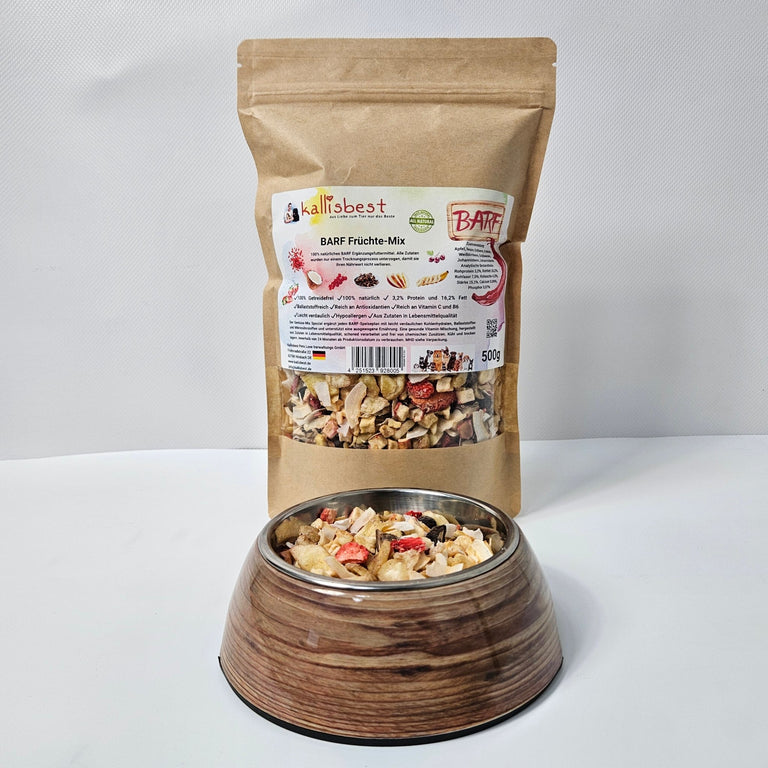 Kallisbest BARF Früchte-Mix 500g, a colorful blend of fruits for pet food supplementation.