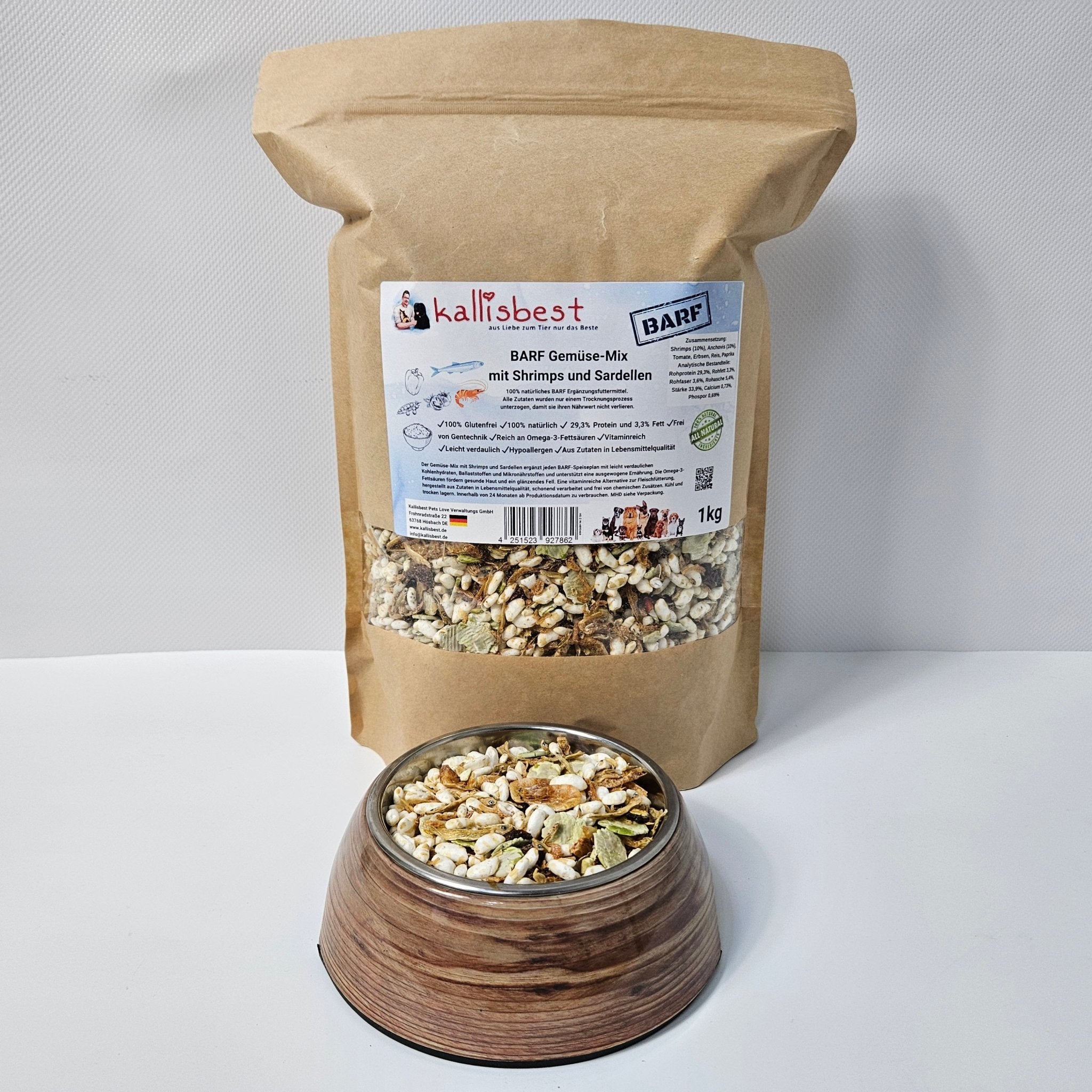 Kallisbest BARF Gemüse-Mix with shrimp and sardines, 1kg package, featuring vibrant vegetables and seafood mix.