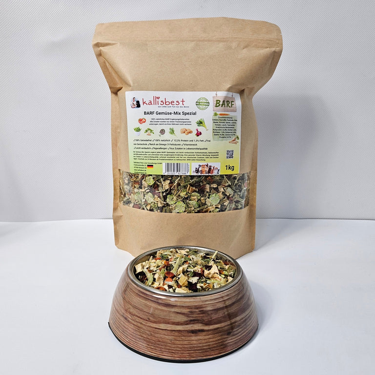 Kallisbest BARF Gemüse-Mix Spezial 1kg, a colorful mix of vegetables for pet nutrition and health.