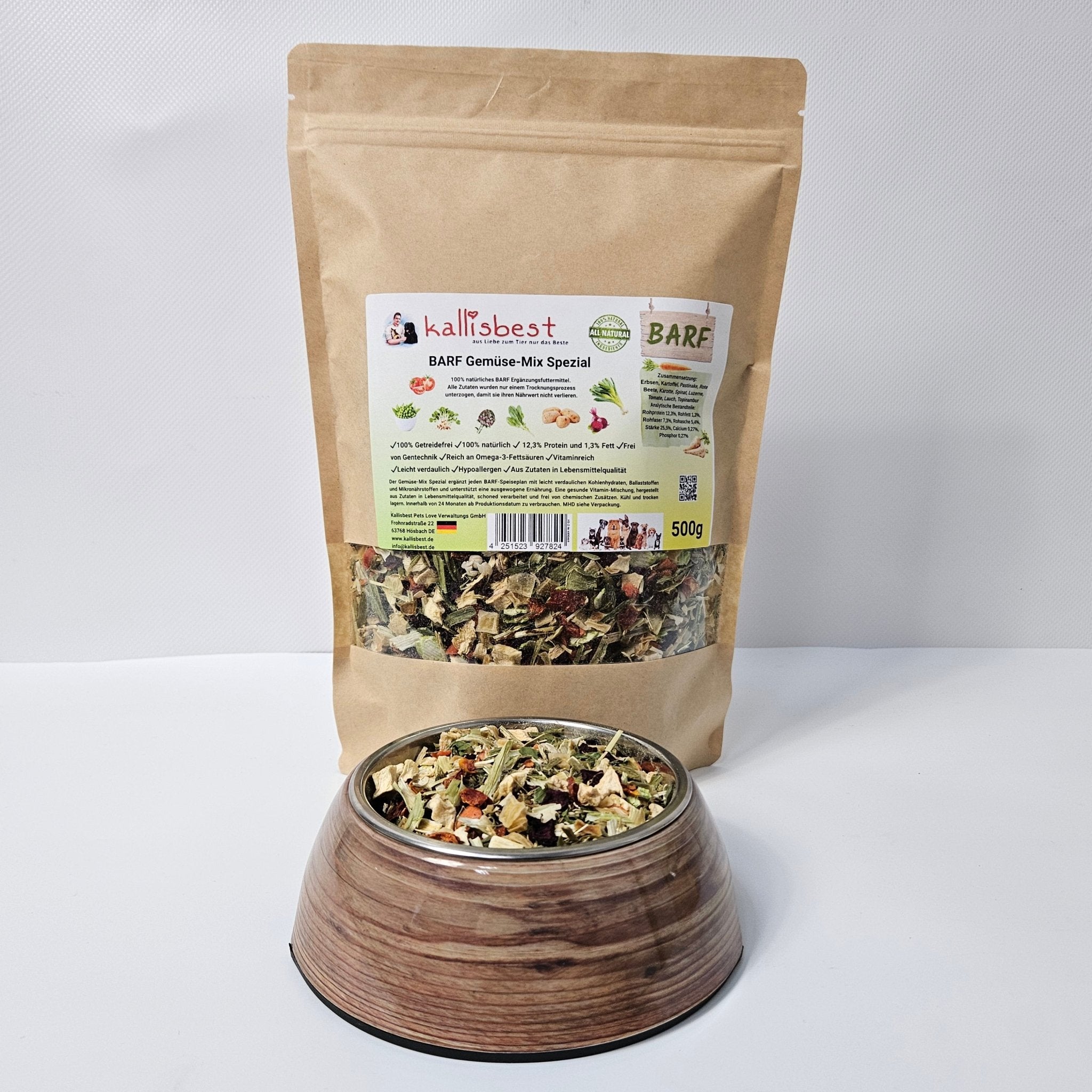 Kallisbest BARF Gemüse-Mix Spezial 500g pack, featuring a blend of vegetables for pet food supplementation.
