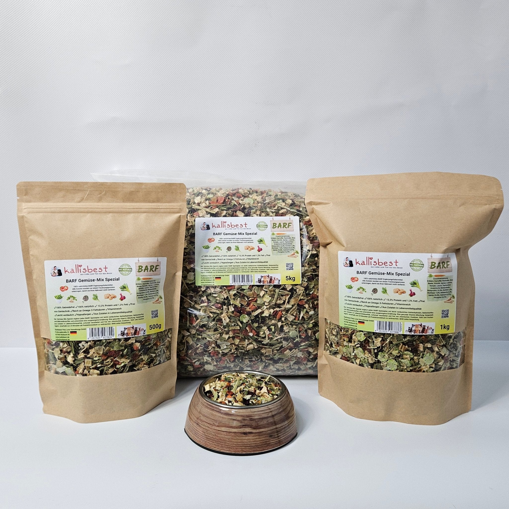 Kallisbest BARF Gemüse-Mix Spezial, a colorful blend of vegetables for pet nutrition and supplement.