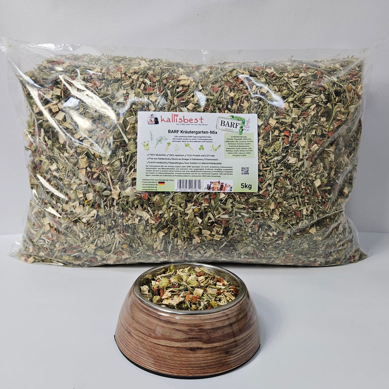 Kallisbest BARF Kräutergarten-Mix 5kg bag, featuring a blend of herbs for dog food supplementation.