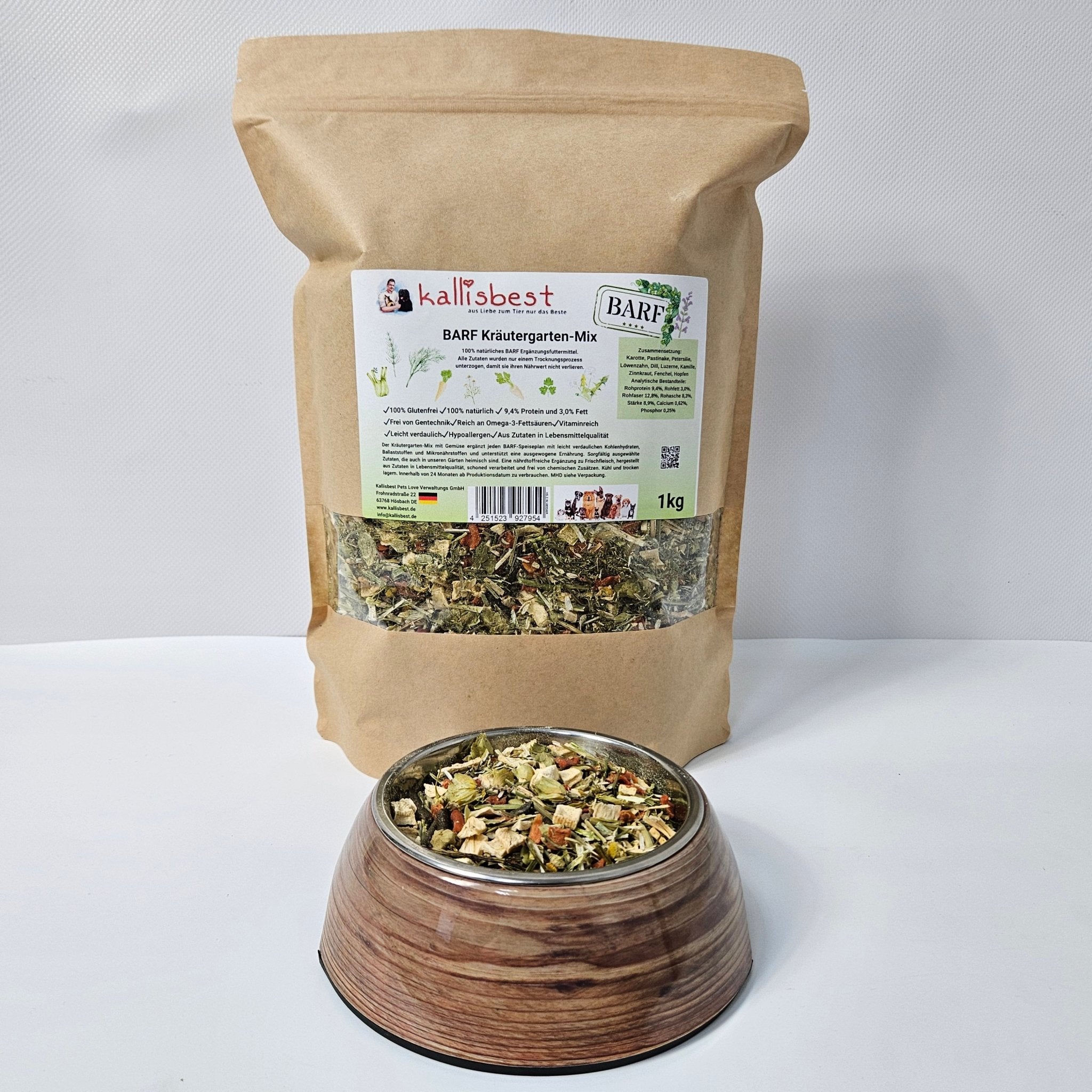 Kallisbest BARF Kräutergarten-Mix 1kg packaging with herbs for pet food supplementation.