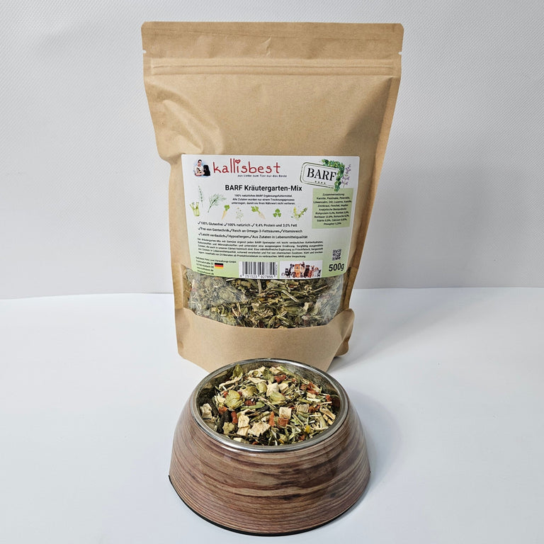 Kallisbest BARF Kräutergarten-Mix in a 500g package, featuring a blend of natural herbs for pet nutrition.