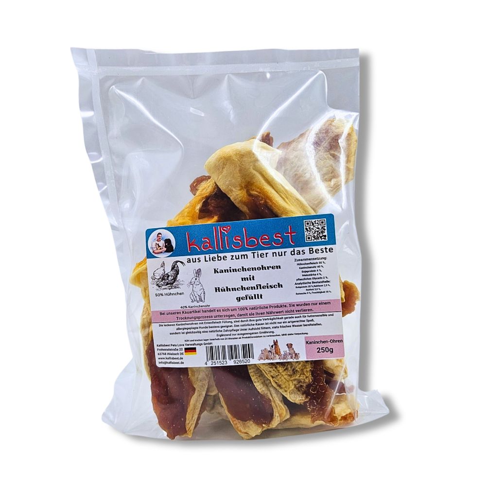 Kaninchenohren mit Hühnchenfleisch gefüllt – Naturkauartikel für Hunde | Kallisbest